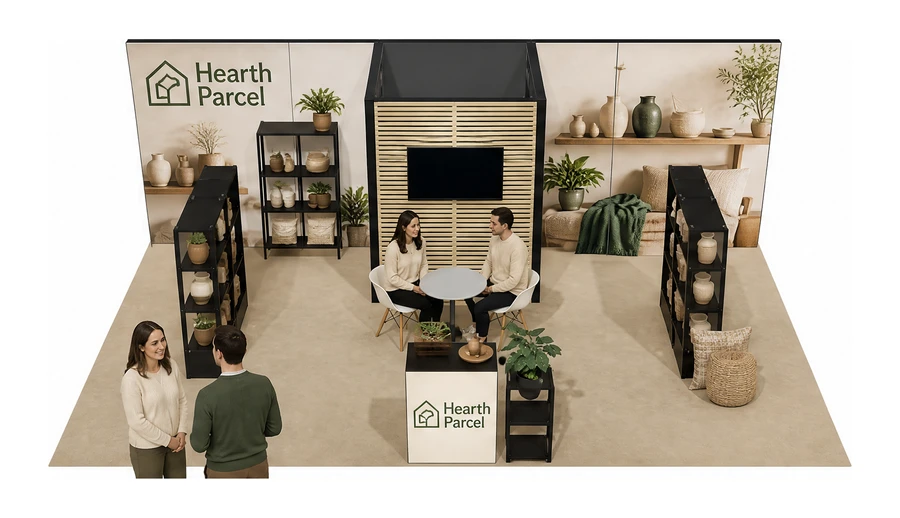 Stoisko 8 × 5 m półwyspowe dla branży dekoracje i upominki, przykładowa marka Hearth Parcel