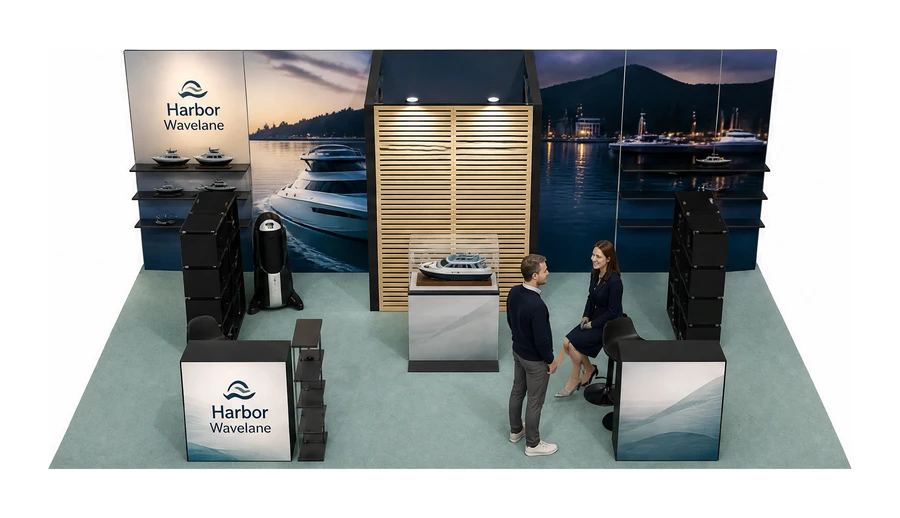 Stoisko 8 × 5 m półwyspowe dla branży jachty i łodzie, przykładowa marka Harbor Wavelane