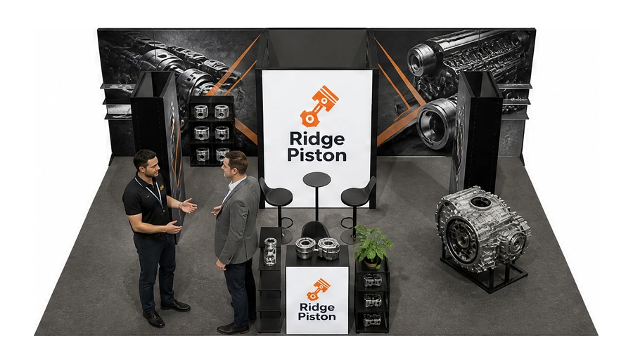 Stoisko 8 × 5 m półwyspowe dla branży części motoryzacyjne, przykładowa marka Ridge Piston