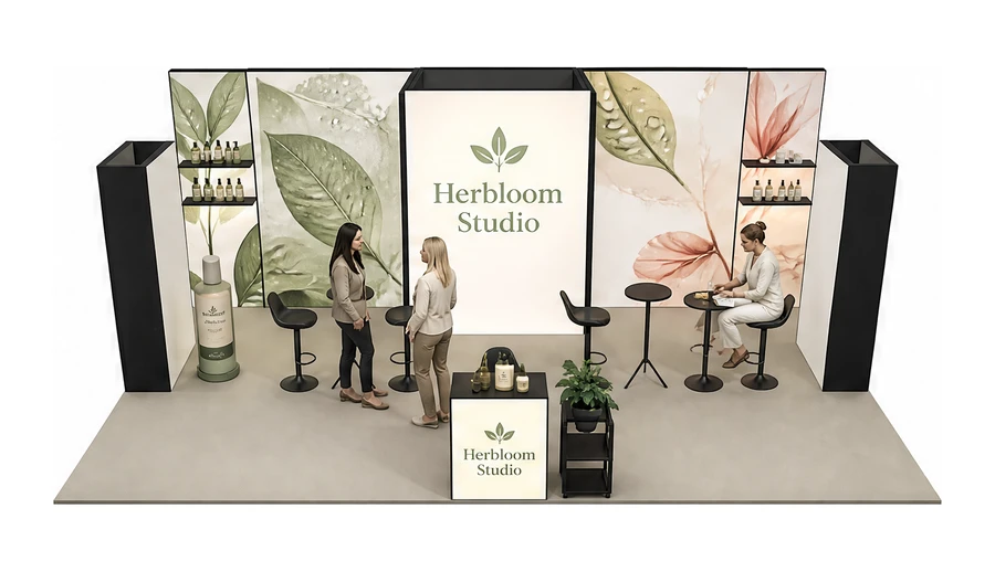 Stoisko 8 × 5 m półwyspowe dla branży kosmetyki naturalne, przykładowa marka Herbloom Studio