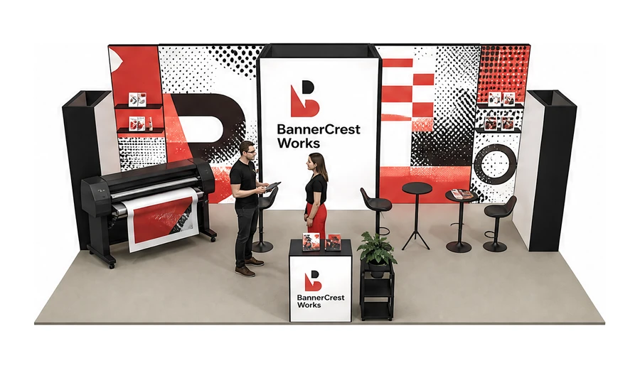 Stoisko 8 × 5 m półwyspowe dla branży reklama i druk, przykładowa marka BannerCrest Works