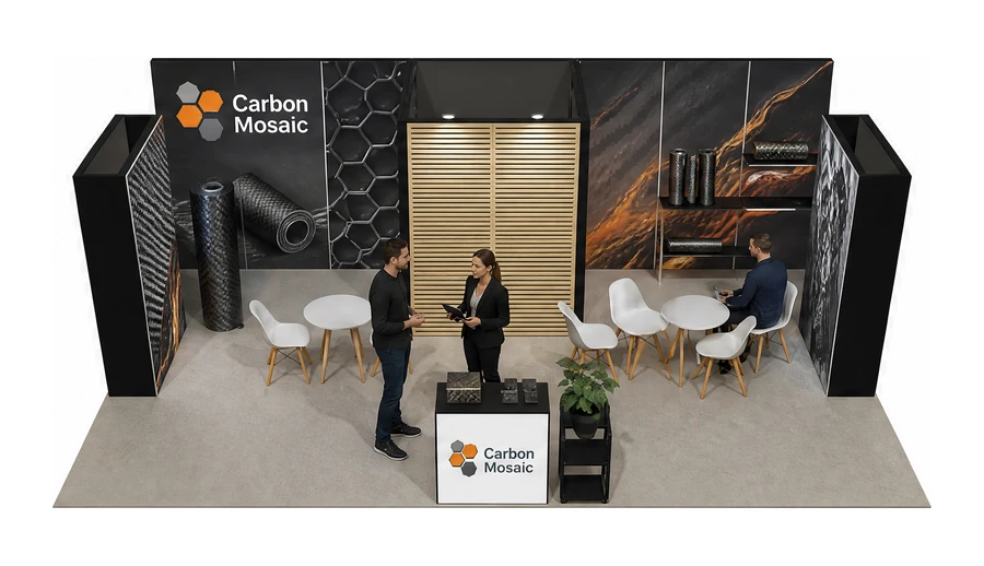 Stoisko 8 × 5 m półwyspowe dla branży materiały kompozytowe, przykładowa marka Carbon Mosaic