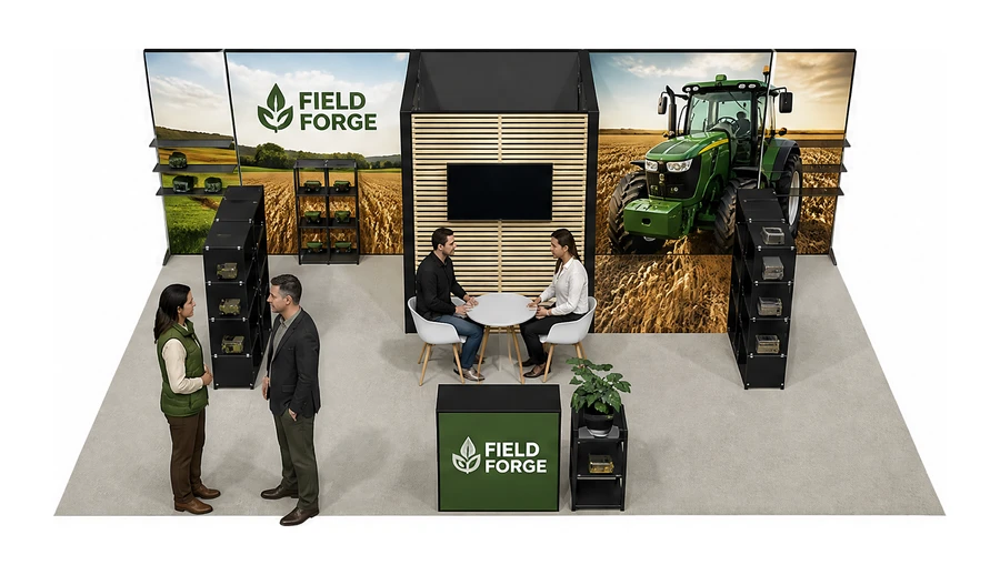 Stoisko 8 × 5 m półwyspowe dla branży maszyny rolnicze, przykładowa marka Field Forge