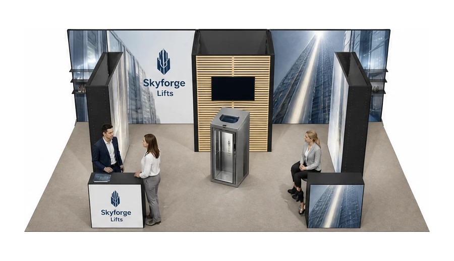 Stoisko 8 × 5 m półwyspowe dla branży dźwigi i windy, przykładowa marka Skyforge Lifts