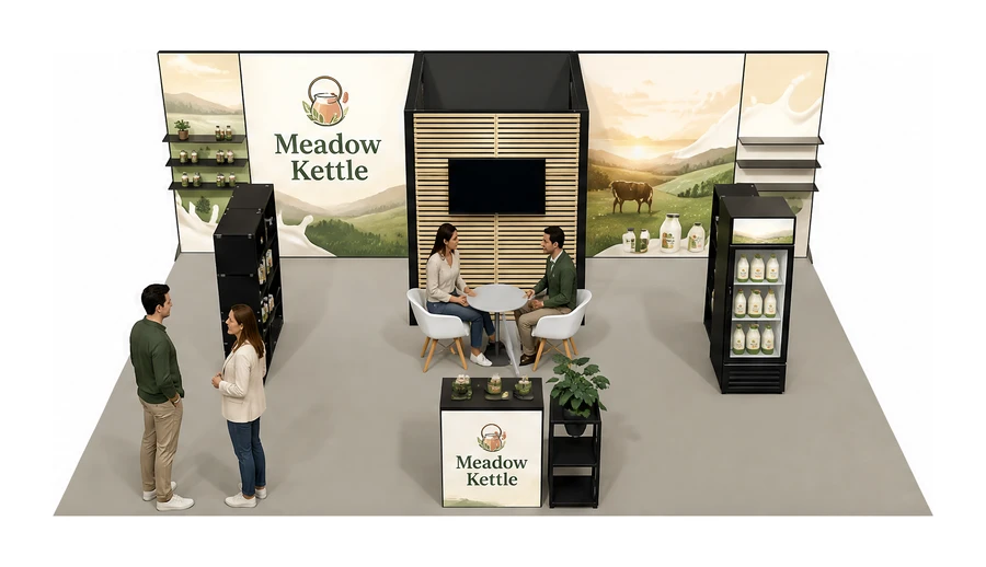 Stoisko 8 × 5 m półwyspowe dla branży nabiał i mleczarstwo, przykładowa marka Meadow Kettle
