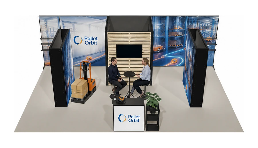 Stoisko 8 × 5 m półwyspowe dla branży intralogistyka i magazyn, przykładowa marka Pallet Orbit