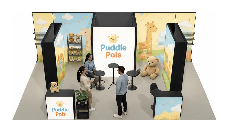 Stoisko 8 × 5 m półwyspowe dla branży zabawki i artykuły dziecięce, przykładowa marka Puddle Pals