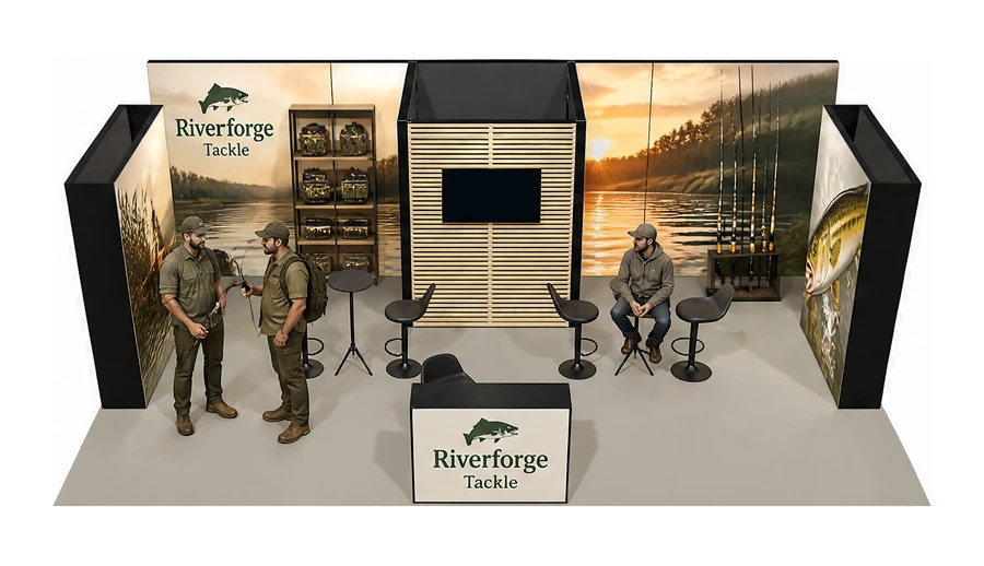Stoisko 8 × 5 m półwyspowe dla branży wędkarstwo, przykładowa marka Riverforge Tackle