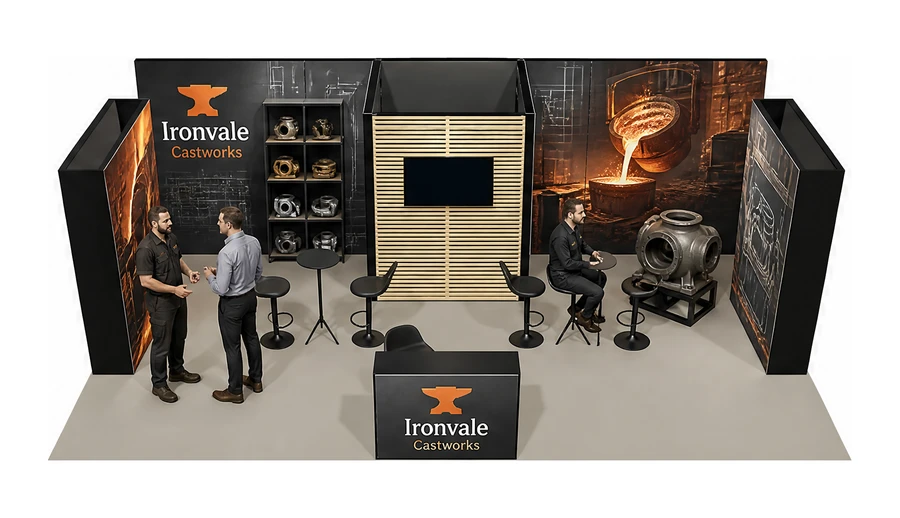 Stoisko 8 × 5 m półwyspowe dla branży obróbka metali i odlewnictwo, przykładowa marka Ironvale Castworks