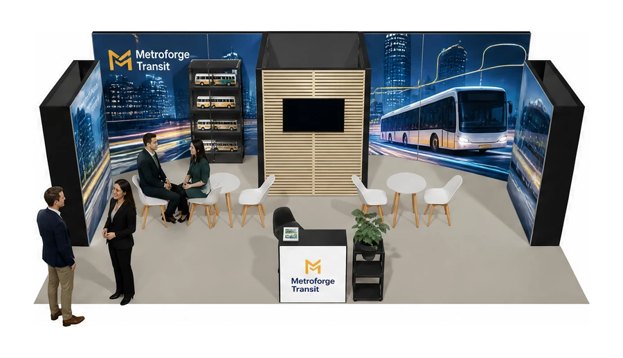 Stoisko 8 × 5 m półwyspowe dla branży autobusy i transport zbiorowy, przykładowa marka Metroforge Transit