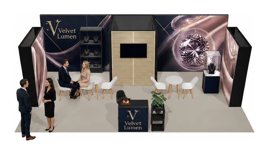 Stoisko 8 × 5 m półwyspowe dla branży biżuteria, przykładowa marka Velvet Lumen