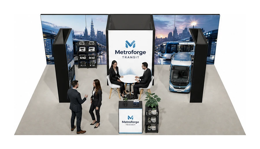 Stoisko 8 × 5 m półwyspowe dla branży autobusy i transport zbiorowy, przykładowa marka Metroforge Transit