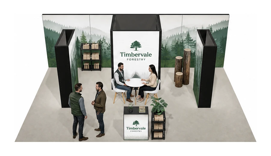 Stoisko 8 × 5 m półwyspowe dla branży leśnictwo i przemysł drzewny, przykładowa marka Timbervale Forestry