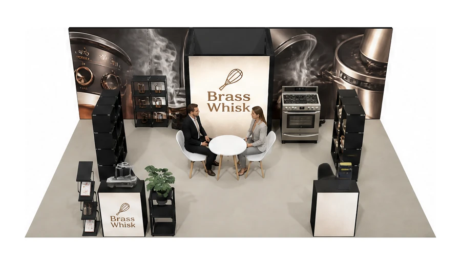Stoisko 8 × 5 m półwyspowe dla branży sprzęt kuchenny i AGD, przykładowa marka Brass Whisk