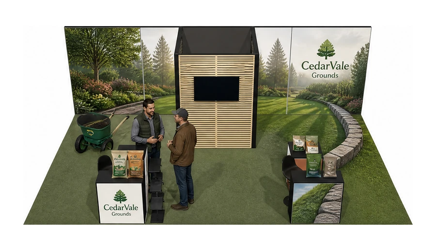 Stoisko 8 × 5 m półwyspowe dla branży ogród i architektura krajobrazu, przykładowa marka CedarVale Grounds