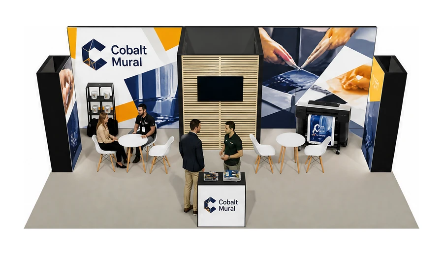 Stoisko 8 × 5 m półwyspowe dla branży reklama i druk, przykładowa marka Cobalt Mural