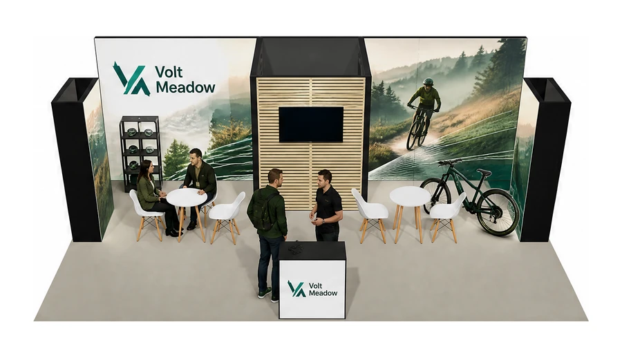 Stoisko 8 × 5 m półwyspowe dla branży rowery elektryczne, przykładowa marka Volt Meadow