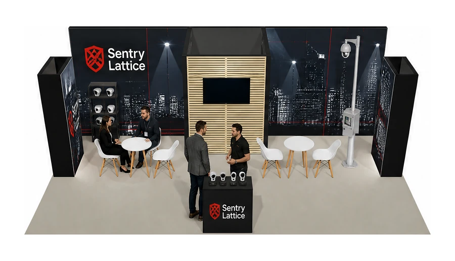 Stoisko 8 × 5 m półwyspowe dla branży systemy zabezpieczeń, przykładowa marka Sentry Lattice