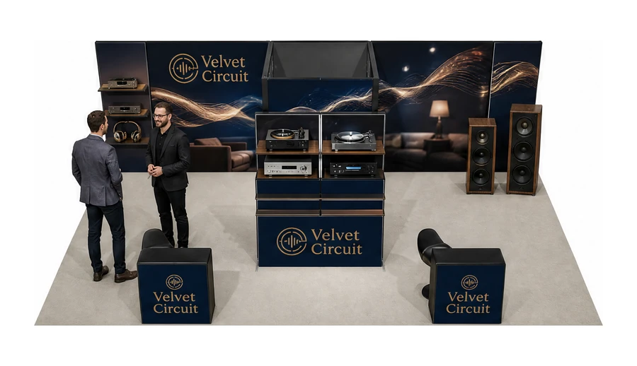 Stoisko 8 × 5 m półwyspowe dla branży sprzęt audio-video, przykładowa marka Velvet Circuit