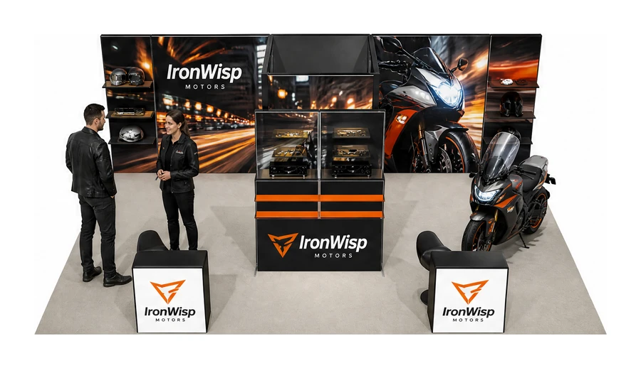 Stoisko 8 × 5 m półwyspowe dla branży motocykle i skutery, przykładowa marka IronWisp Motors