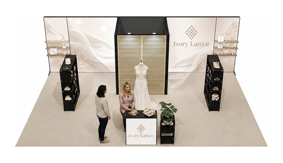 Stoisko 8 × 5 m półwyspowe dla branży branża ślubna, przykładowa marka Ivory Lattice
