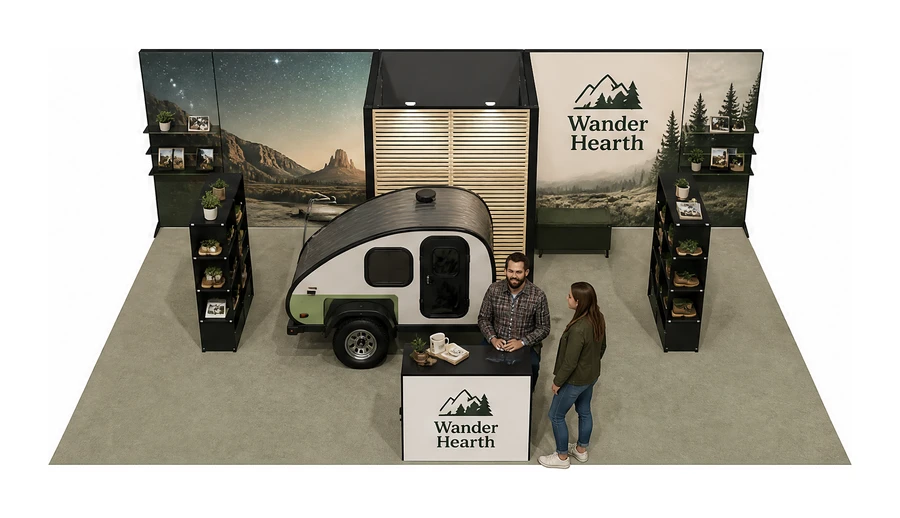 Stoisko 8 × 5 m półwyspowe dla branży caravaning i kampery, przykładowa marka Wander Hearth