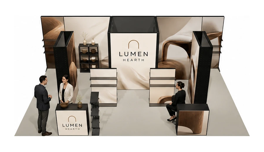 Stoisko 8 × 5 m półwyspowe dla branży meble designerskie, przykładowa marka Lumen Hearth