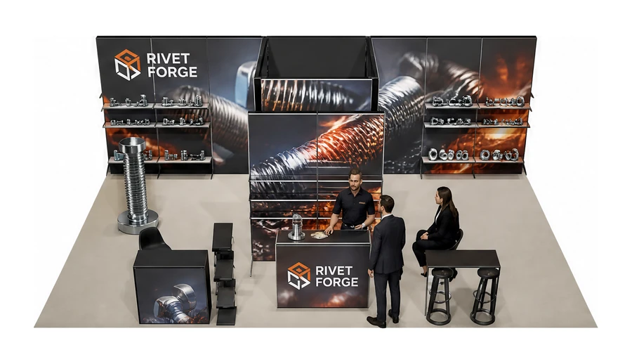 Stoisko 8 × 5 m półwyspowe dla branży elementy złączne, przykładowa marka Rivet Forge