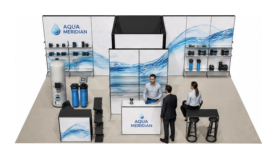 Stoisko 8 × 5 m półwyspowe dla branży technologie wodne, przykładowa marka Aqua Meridian