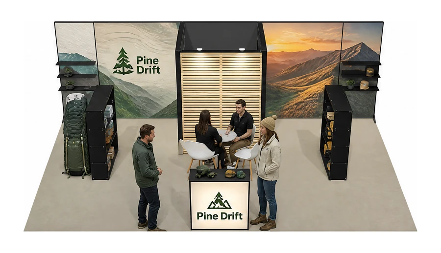 Stoisko 8 × 5 m półwyspowe dla branży odzież i sprzęt outdoorowy, przykładowa marka Pine Drift