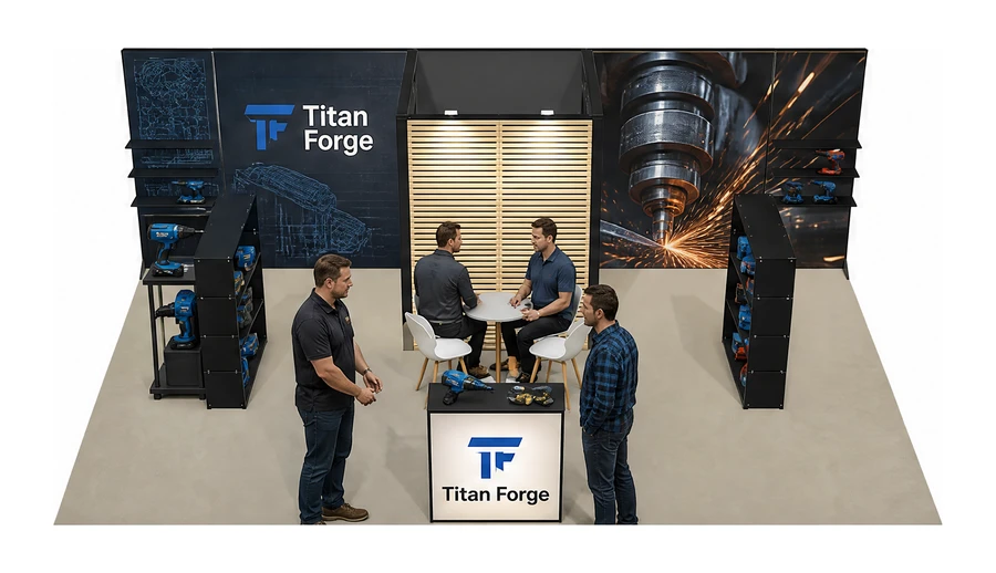 Stoisko 8 × 5 m półwyspowe dla branży elektronarzędzia, przykładowa marka Titan Forge