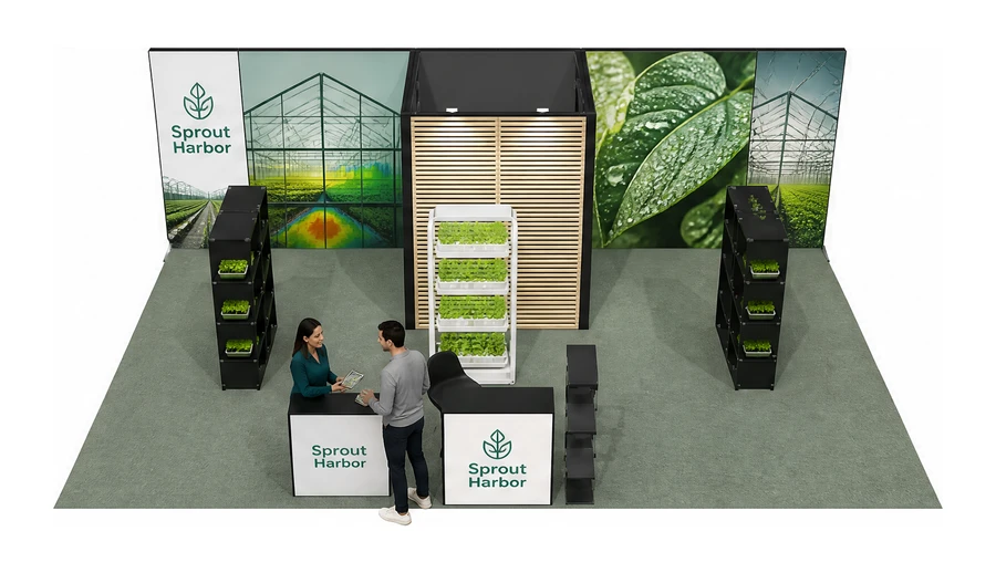 Stoisko 8 × 5 m półwyspowe dla branży sadownictwo i warzywnictwo, przykładowa marka Sprout Harbor