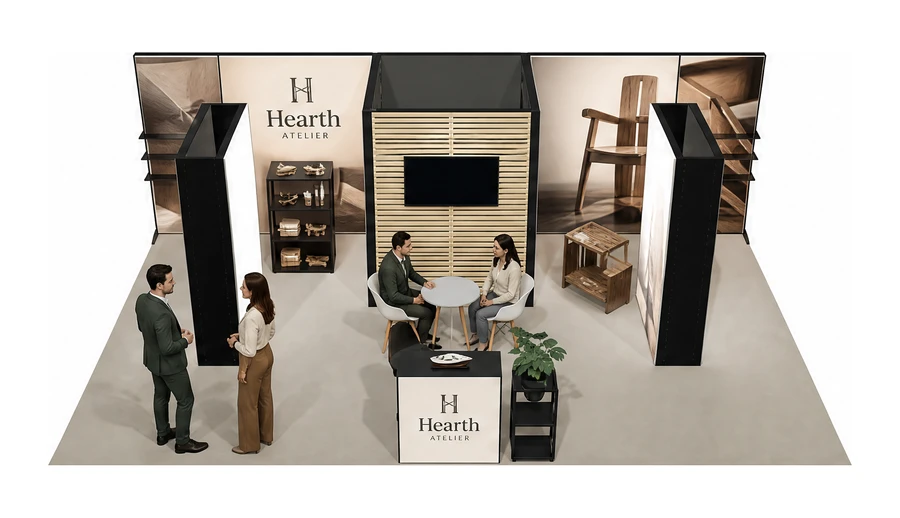 Stoisko 8 × 5 m półwyspowe dla branży meble designerskie, przykładowa marka Hearth Atelier