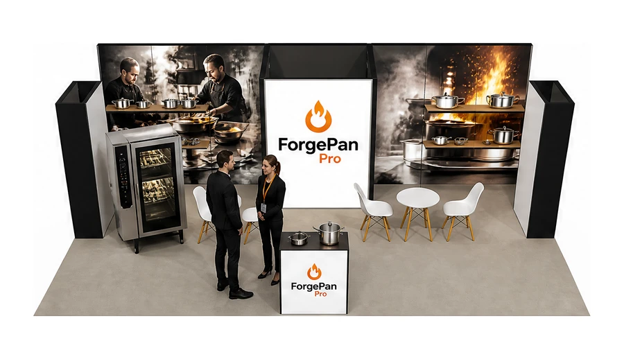 Stoisko 8 × 5 m półwyspowe dla branży wyposażenie gastronomii, przykładowa marka ForgePan Pro