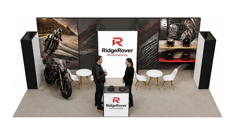 Stoisko 8 × 5 m półwyspowe dla branży motocykle i skutery, przykładowa marka RidgeRover Motorworks