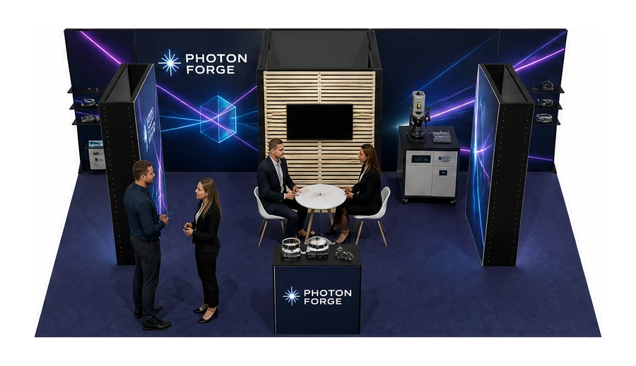 Stoisko 8 × 5 m półwyspowe dla branży technika laserowa i fotonika, przykładowa marka Photon Forge