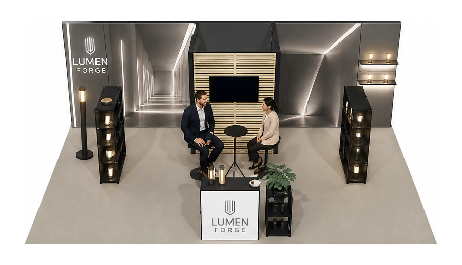 Stoisko 8 × 5 m półwyspowe dla branży oświetlenie, przykładowa marka Lumen Forge
