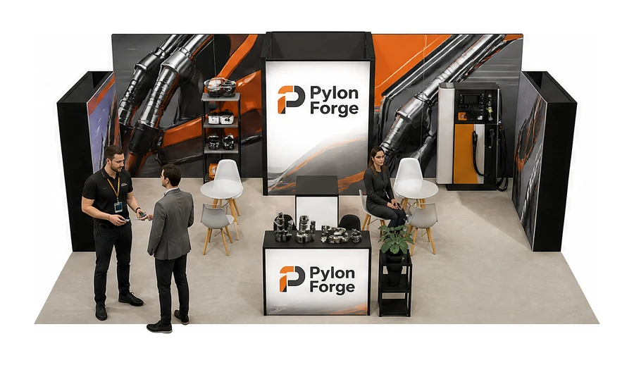 Stoisko 8 × 6 m półwyspowe dla branży stacje paliw, przykładowa marka Pylon Forge