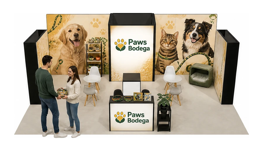 Stoisko 8 × 6 m półwyspowe dla branży akcesoria dla zwierząt, przykładowa marka Paws Bodega