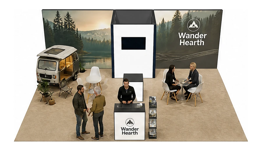 Stoisko 8 × 6 m półwyspowe dla branży caravaning i kampery, przykładowa marka Wander Hearth