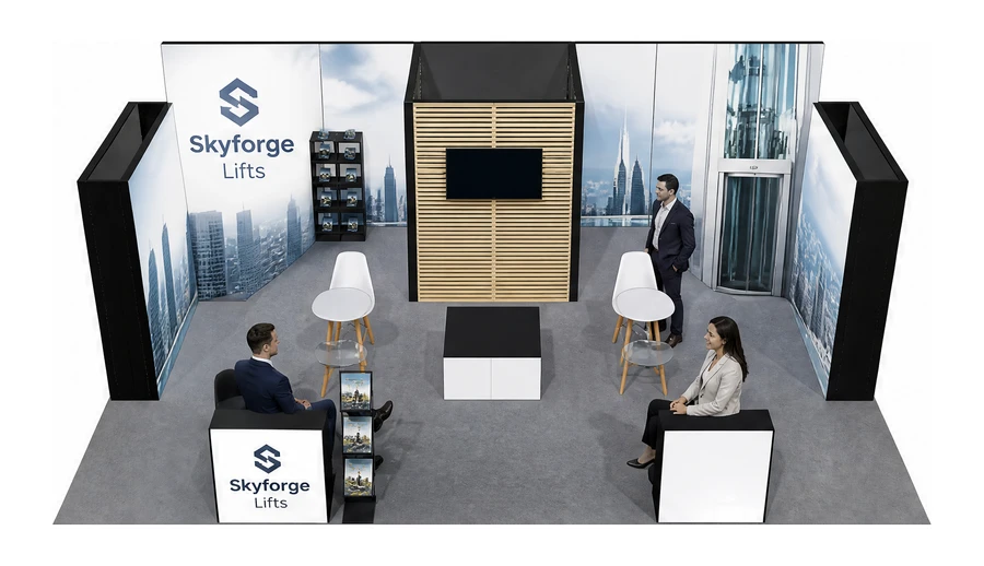 Stoisko 8 × 6 m półwyspowe dla branży dźwigi i windy, przykładowa marka Skyforge Lifts