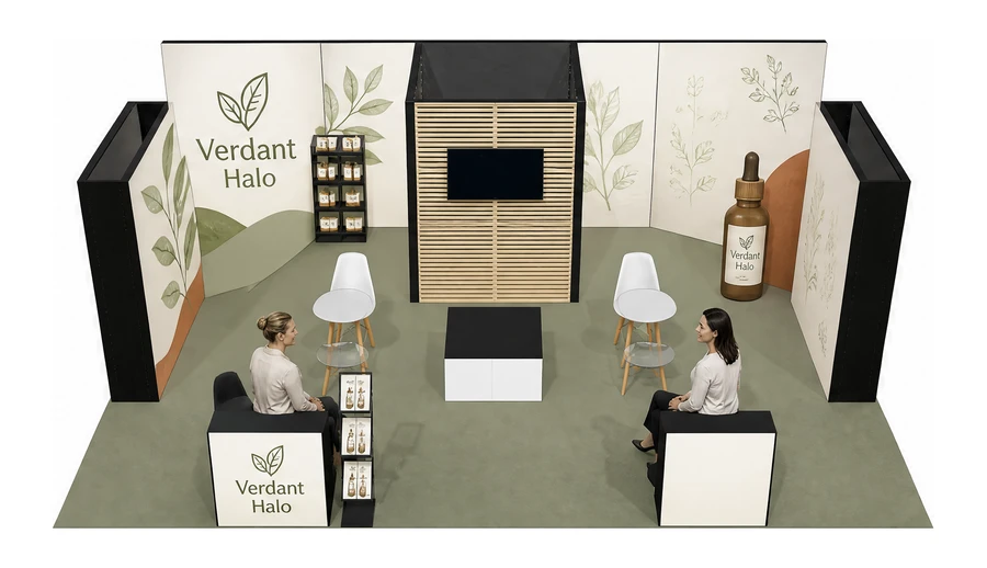 Stoisko 8 × 6 m półwyspowe dla branży kosmetyki naturalne, przykładowa marka Verdant Halo
