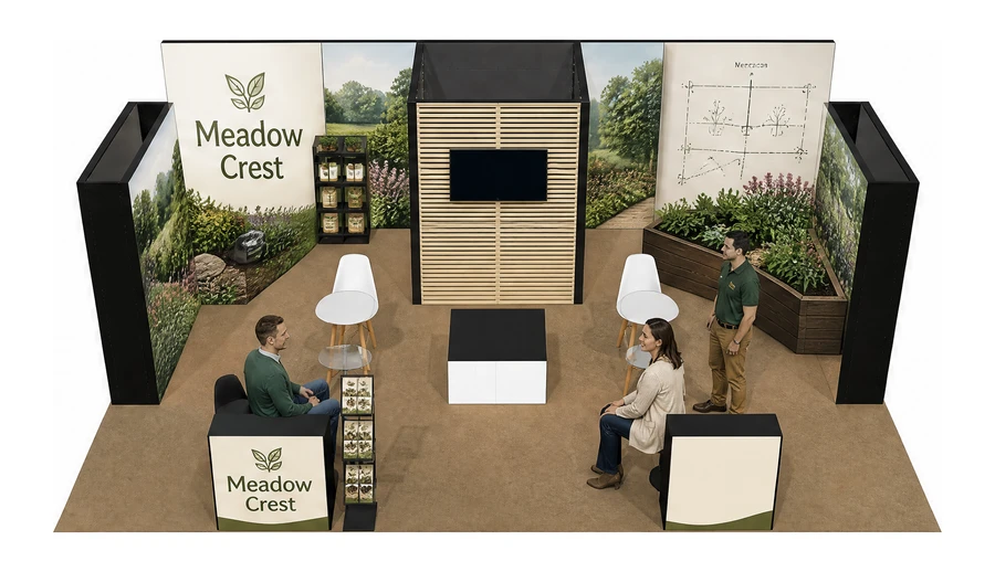 Stoisko 8 × 6 m półwyspowe dla branży ogród i architektura krajobrazu, przykładowa marka Meadow Crest