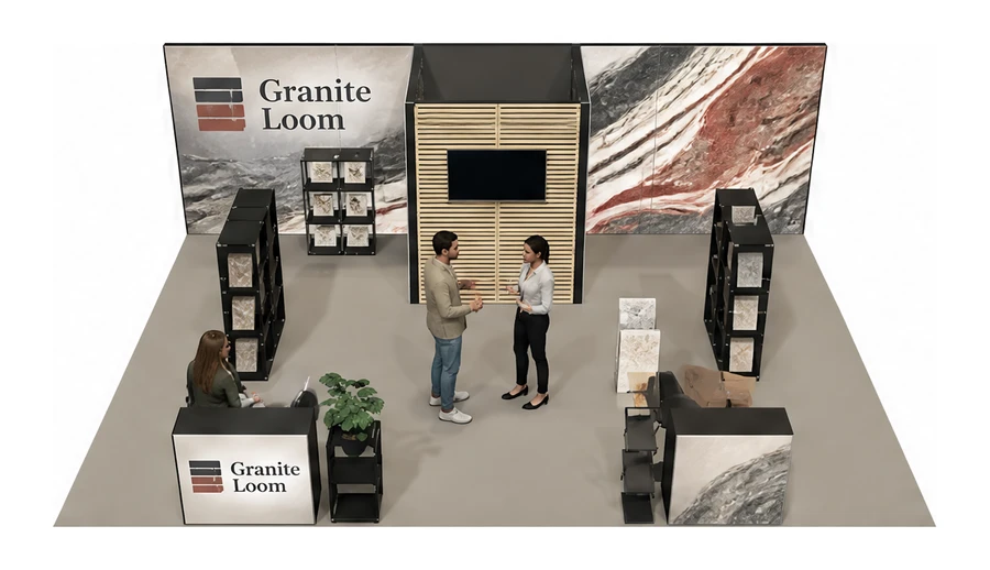 Stoisko 8 × 6 m półwyspowe dla branży materiały budowlane, przykładowa marka Granite Loom