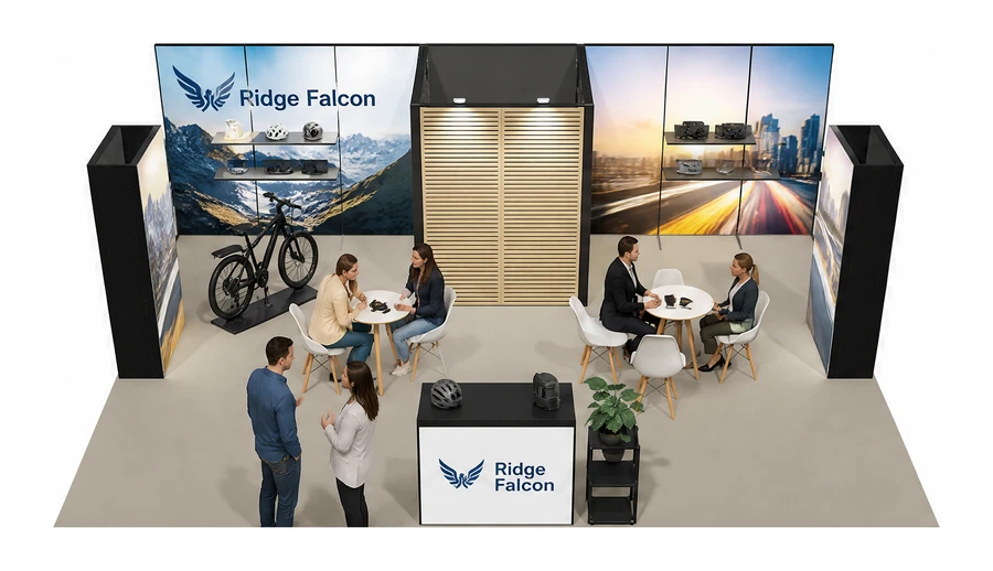Stoisko 8 × 6 m półwyspowe dla branży rowery elektryczne, przykładowa marka Ridge Falcon