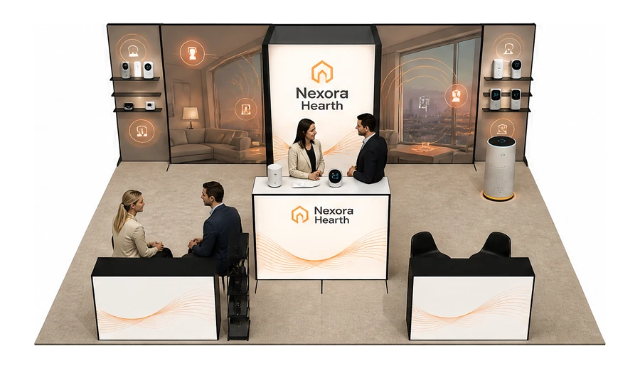 Stoisko 8 × 6 m półwyspowe dla branży smart home i IoT, przykładowa marka Nexora Hearth