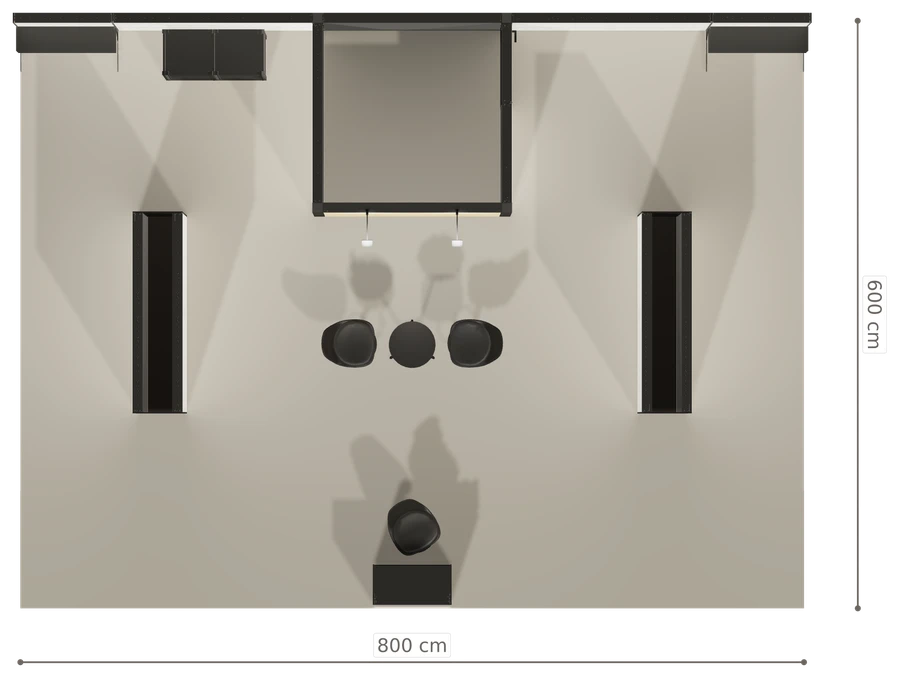 Rzut z góry stoiska stoisko polwyspowe 8x6 m100 led ekspozycyjny z2 r1 s0 l1 e0 p0 w0 m0 g0 a0 v2 o6