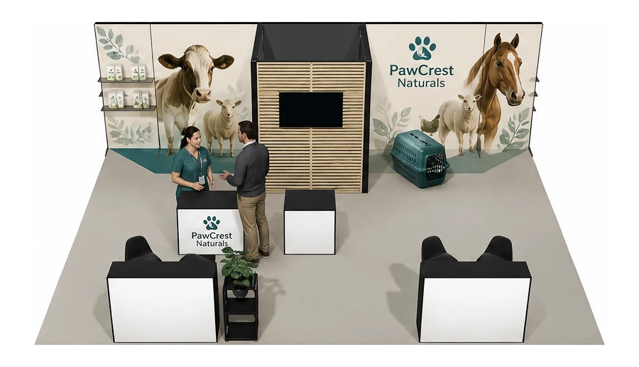 Stoisko 8 × 6 m półwyspowe dla branży weterynaria, przykładowa marka PawCrest Naturals