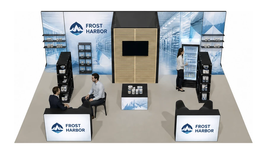Stoisko 8 × 6 m półwyspowe dla branży łańcuch chłodniczy, przykładowa marka Frost Harbor