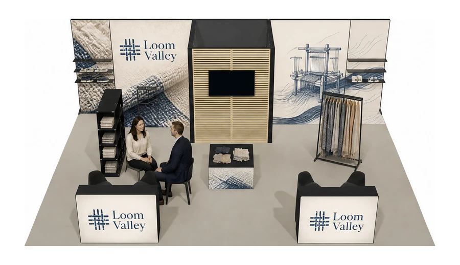 Stoisko 8 × 6 m półwyspowe dla branży tekstylia i tkaniny, przykładowa marka Loom Valley